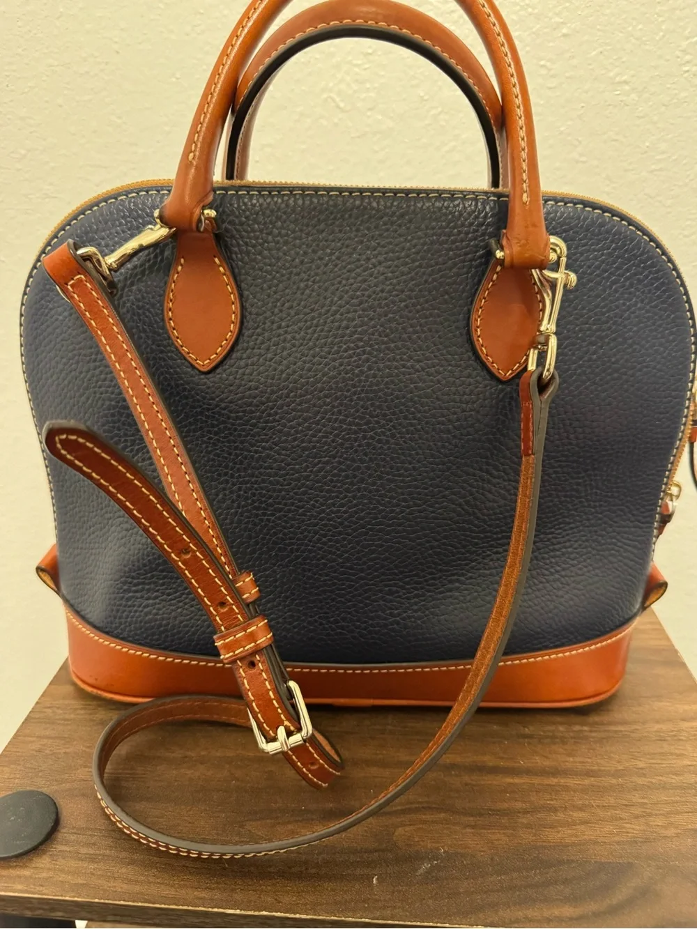 Dooney & Bourke Navy and Tan Pebble Grain Leather Satchel